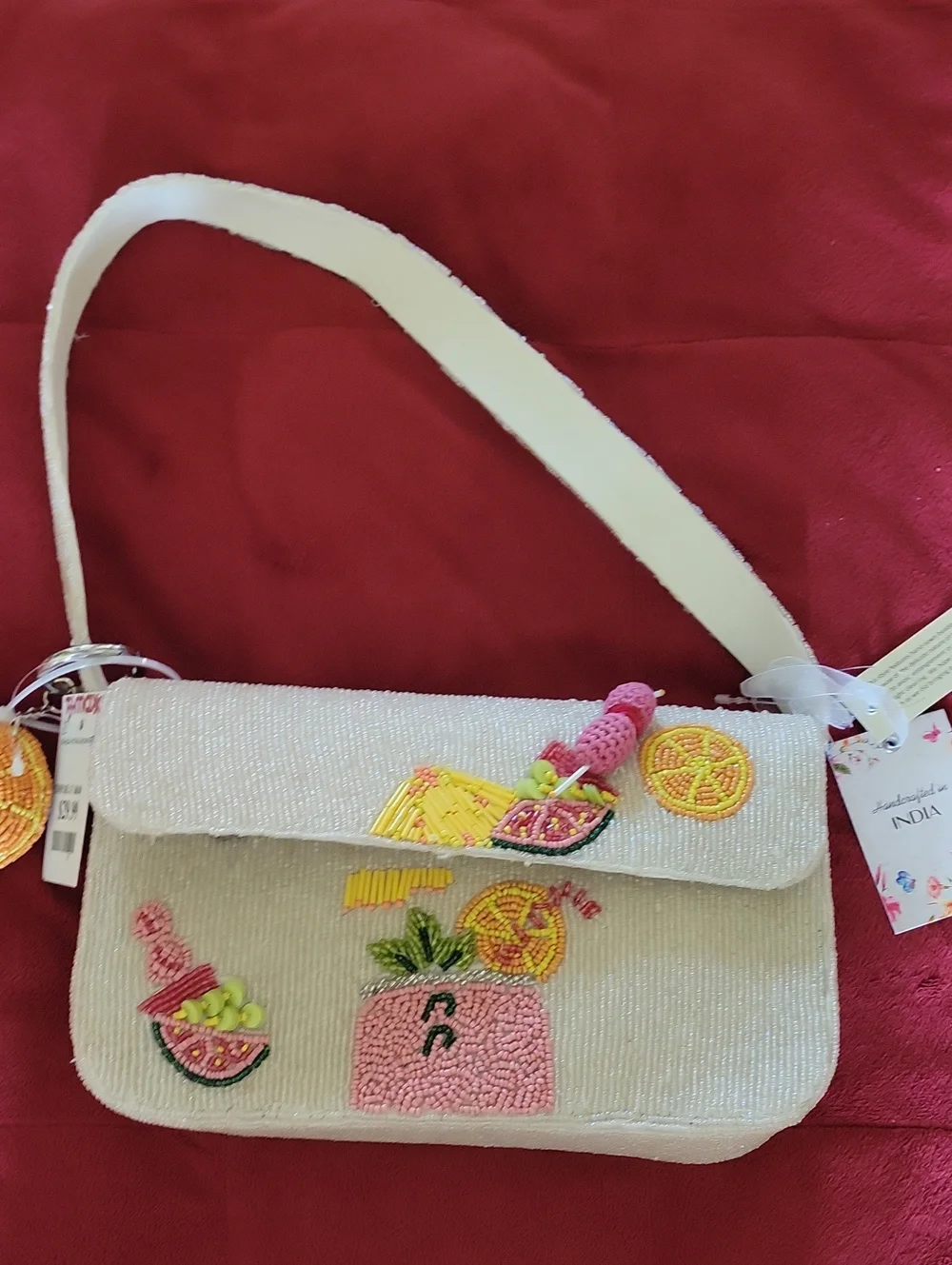 Beaded Cream Crossbody Bag with Pink & Yellow Embroidery